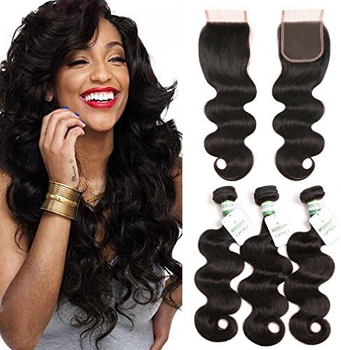 Missivy Hair Unprocessed Brazilian Body Wave Virgin Hair 1 Piece 4x4 Free Part Lace Closure with 3 Bundles Human Hair Extensions Body Wave Weave 10 12 12+10inch