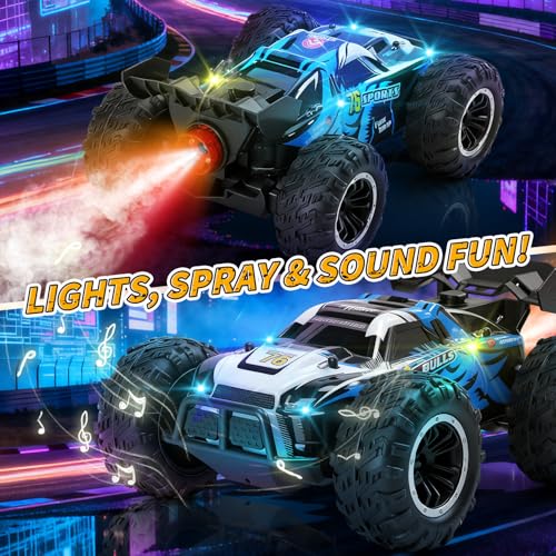 Eaglestone 1:16 4WD RC Car with LED Lights, Music & Spray, 2.4GHz Off-Road Remote Control Vehicle with Dual Battery 40-Min Playtime, One-Click Demonstration Gift for Kids Boys Ages 5-12