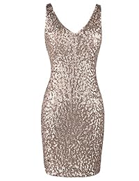 PrettyGuide Mini vestido bodycon sexy, cuello en V profundo, con purpurina de lentejuelas, elástico, de fiesta