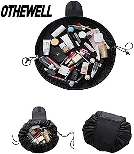 Fashion Drawstring Cosmetic Bag Travel Lazy Makeup Storage Bag Portable&amp;Waterproof Quick Pack Large Cosmetic Bag Dual Magic Bags With Zipper&amp;Drawstrings Brush Holder Carry On Travel (Black)