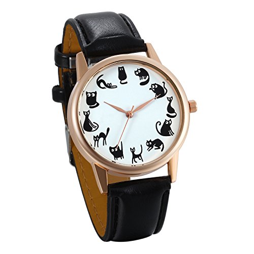 JewelryWe Women Watches Cute Animal Cats Round Dial PU Leather Strap Ladies Girls Quartz Wrist Watch (Black)