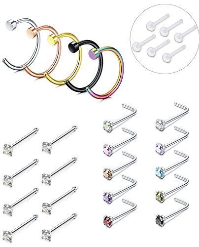 Nose Rings--LOLIAS Stainless Steel 20g Nose Hoop Ring Nose Stud Ring Set Nose Piercing Jewelry CZ Inlaid