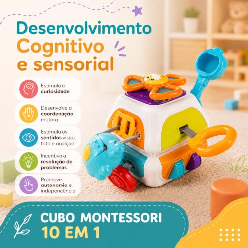 Brinquedo Sensorial Bebê Infantil Montessori 10 em 1 Cubo de Atividades Educativo, Coordenação Motora, Desenvolvimento Cognitivo, Estímulo Tátil, Aprendizado Precoce, Crianças 1 2 3 Anos