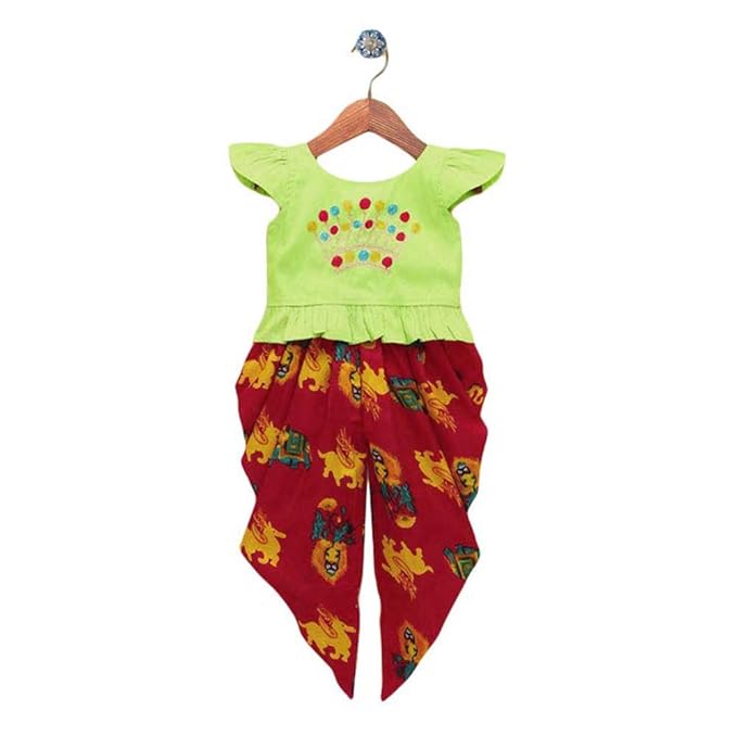 Kid1 By Hopscotch Baby Girls Silk Crown Embroidered Kurta With Printed Dhoti Set in Green Color