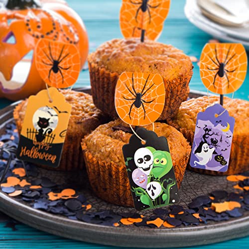 Koogel 120PCS Gift Tags, Halloween Paper Tags Bulk Halloween Theme Tags with Strings for Hanging Decoration Halloween Party Candy Bag