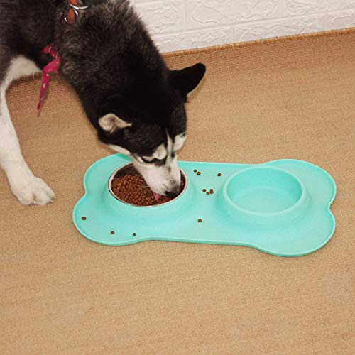 Super Design Double Bowl Pet Feeder Stainless Steel Food Water Bowls with No Spill Silicone Mat for Dogs Cats, Medium, Light Green - Thumbnail 2