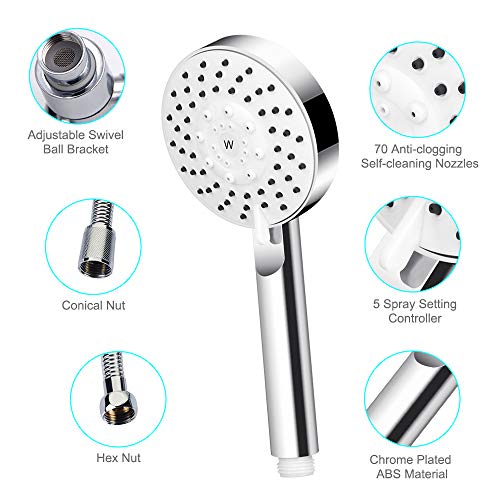Handheld Shower Head, Wodgreat High Pressure 5 Settings Powerful Spray Head with Flexible 60 Inch Stainless Steel Hose, Adjustable Swivel Ball Bracket Mount, No Leaking, Easy to Install, Chrome