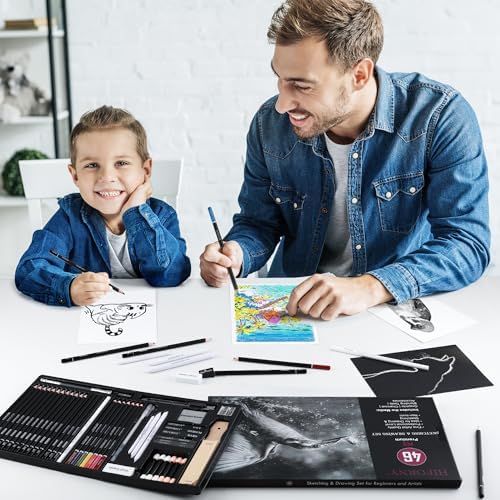 Lot de 46 crayons à dessin pour croquis, crayons à dessin, fournitures d'art avec crayons à charbon de couleurs, graphite, charbon, outils de mélange, accessoires, kit de dessin pour