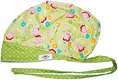 MedCap Scrub Hat Bouffant Scrub Cap with Ties Ponytail Pink Posy Lime