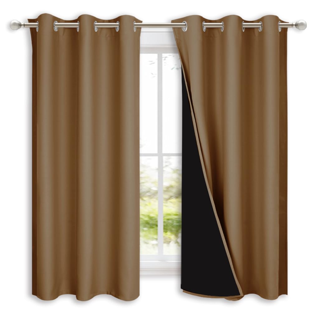 NICETOWN 100% Blackout Lined Curtains, Gold Brown, 1 Pair, 70" Width x 63" Length Each Panel, 2 Thick Layers Completely Blackout Window Treatment Thermal Insulated Drapes for Kitchen/Bedroom
