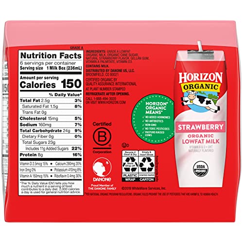 HORIZON ORGANIC SHELF STABLE 1% LOWFAT STRAWBERRY MILK BOXES, PACK OF 6 – 8G PROTEIN PER SERVING