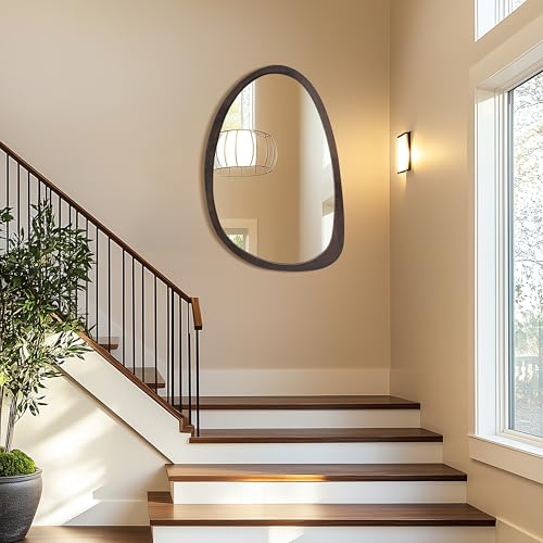 medla Irregular Oval Wall Mirror: 50x70CM Asymmetrical Mirror Modern Wood Frame Unique Shape Wall Mounted Vanity Artistic Mirror Decorative for Living Room Bedroom Bathroom Entryway Hallway