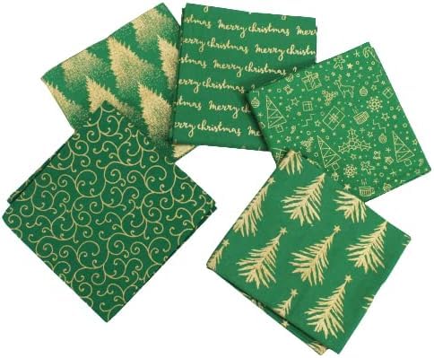 The Fabric Guys 5 Piece Christmas Fat Quarter 100% Cotton Fabric Bundle Red Green White Gold Foil Quilting Crafting Scrapbook Projects (Green)