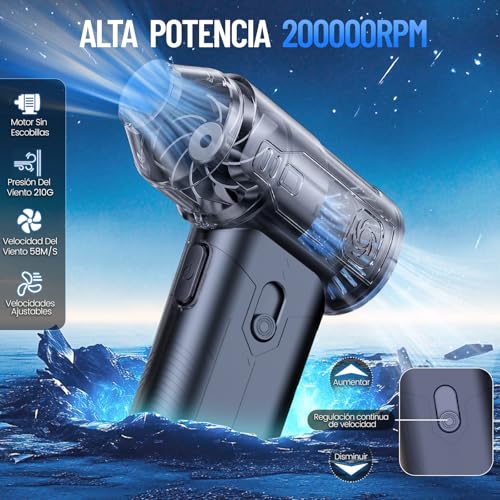Plumero de Aire Eléctrico, 150000RPM Sopladora de Aire Inalámbrica con Batería Carga de 6000mAh, 100W Plumero Eléctrico con Regulación Continua de Velocidad para Teclados, Ordenadores, Casas y Coche