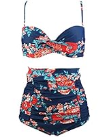 COCOSHIP Red Pink &amp; Navy Blue Antigua Floral High Waisted Bikini Twist Top Vintage Bathing Suit Ruched Swimsuit 8(FBA)