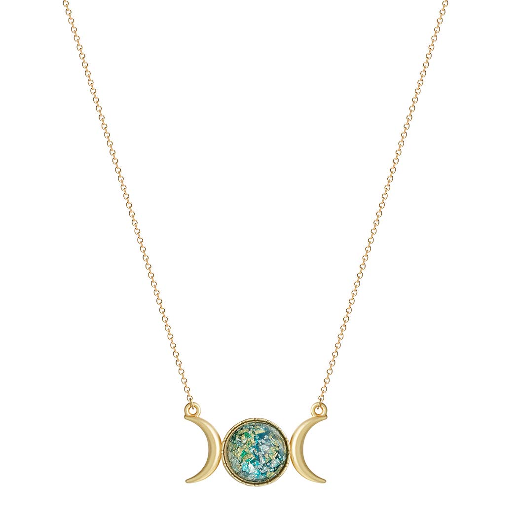 QIAMNI Triple Moon Goddess Wicca Pendant Necklace for Women Girls Opalite Pagan Gift Gold Silver Jewelry Adjustable Chain 45cm