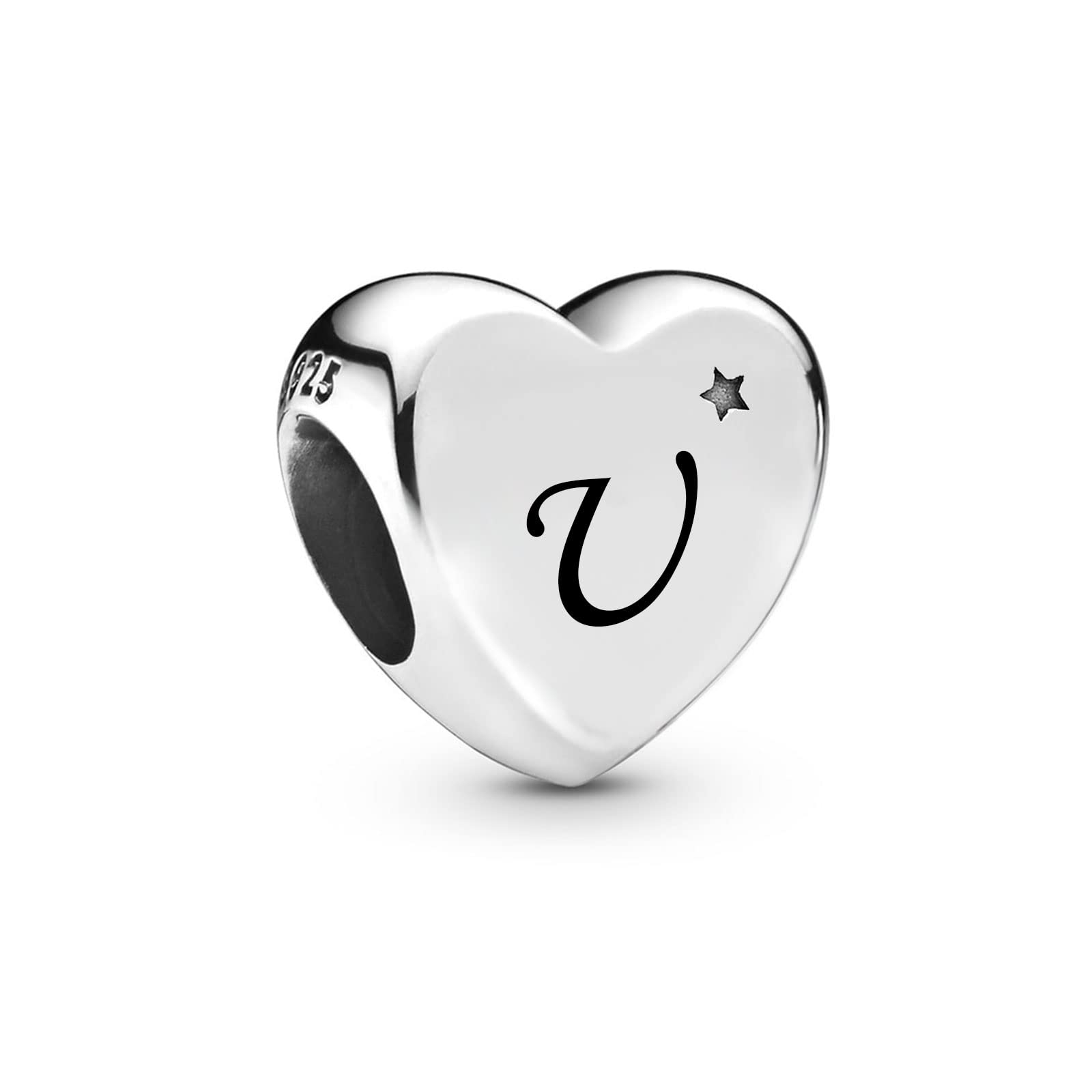 FGT U Initial Letter Heart Charm fits Pandora Bracelets Pendant Necklace Name Birthday Charms Gift for Women Sterling Silver