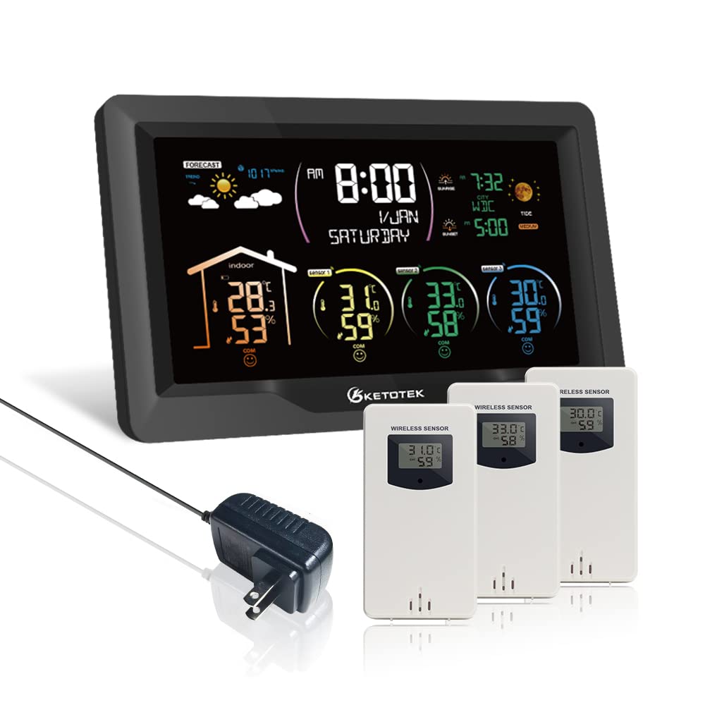 Photo 1 of KETOTEK Wireless Radio Weather Station with 3 Outdoor Sensors Indoor Outdoor LCD Digital Thermometer Hygrometer Barometer with WWVB,Alarm Clock,Weather Forecast,Moon Phase,Sunrise and Sunset Time