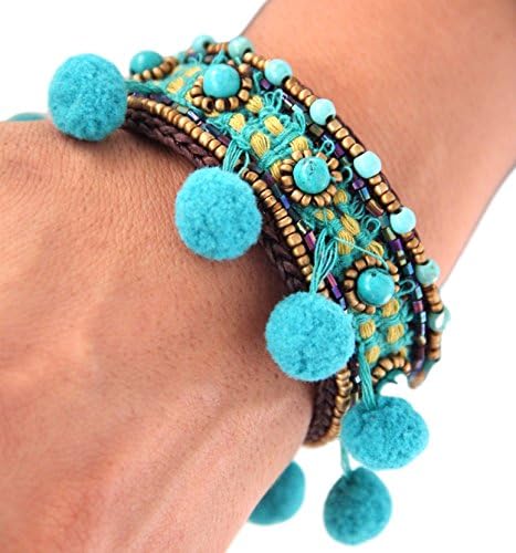 Akitai Boho Jewelry Summer Tribal Ethnic Bangle Turquoise Pom Poms Handmade Jewelry