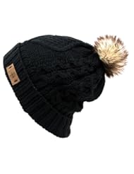 Apparel: Womens Fur Pompom Fleece Lined Knitted Slouchy Beanie Hat (BLACK)