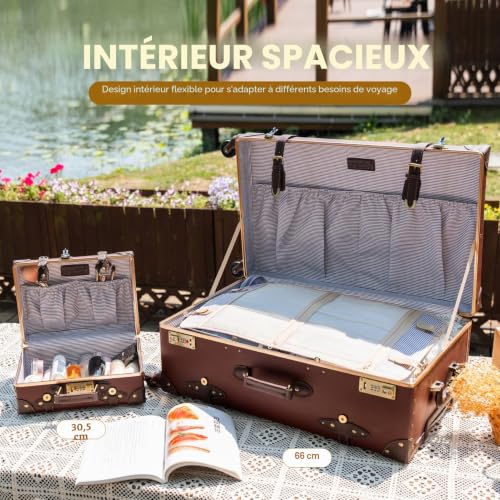 urecity Vintage Suitcase with Wheels, Travel Suitcase, Light, Retro, Rigid, 2 Pieces with Small 30 cm Bag, Caramel Brown, S(12")+L(26"), Vintage