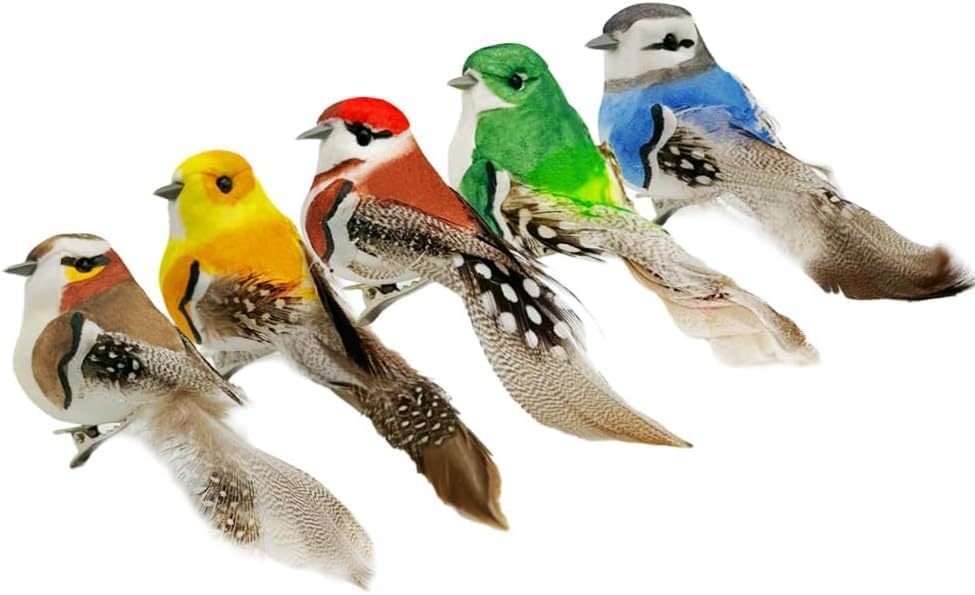 LWINGFLYER 5 PCS Artificial Birds Decoration Colourful Bird with clips for Crafts Christmas Tree Garden Home Party Decors (Metal-clip)