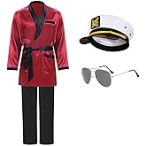 GZHOK Mens Red Robe Jacket Sailor Costume Captain Hat Halloween Party Cosplay Outfits Set