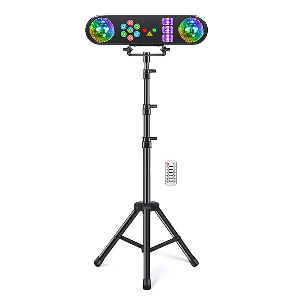 TELBUM DJ LIGHTS WITH STAND, 5 IN 1 PARTY BAR LIGHT SET WITH ROTATING BALL, STROBE, UV, COLORFUL LED PAR LIGHT AND PATTERN, SOUND ACTIVATED DJ LIGHTING SYSTEM FOR DISCO STAGE GIG BAND WEDDING