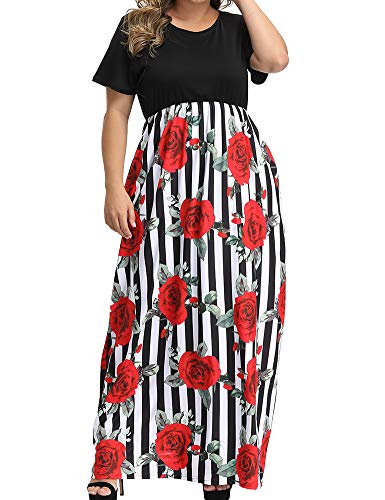 image for Allegrace Women's Plus Size Floral Print Striped Patchwork Maxi Dress 