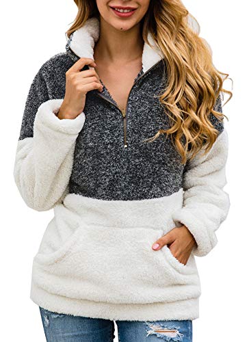 BTFBM Women Long Sleeve Zipper Sherpa Sweatshirt Soft Fleece Pullover Outwear Coat with Pockets (Grey, Small)