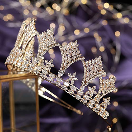 Cubic Zirconia CZ Luxury Tall Tiaras Gold Wedding Bridal Crowns Pageant