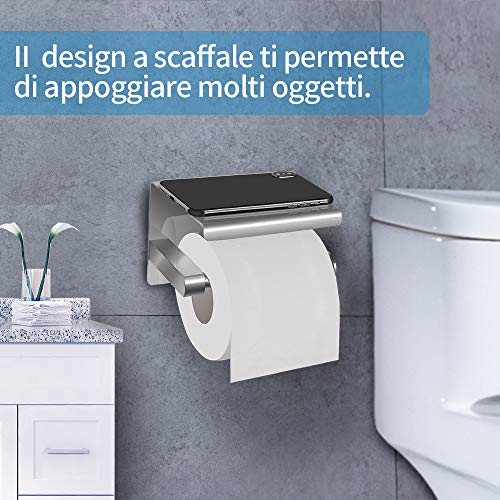 Portarrollos para Papel Higiénico, portarrollos baño adhesivo, Acero inoxidable SUS304, Porta Rollos de Papel Higienico con el Teléfono Móvil Estante de Almacenamiento (Plata) (Plata1)