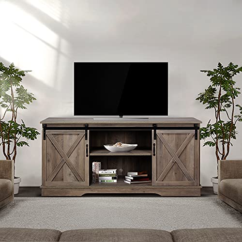 Farmhouse Sliding Barn Door TV Stand for TVs up to 65" (Washed Oak