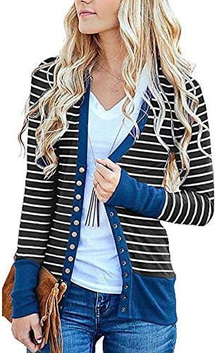 MCCKLE Women's V Neck Striped Color Block Snap Button Front Knitwears Long Sleeve Casual Cardigans Sweater