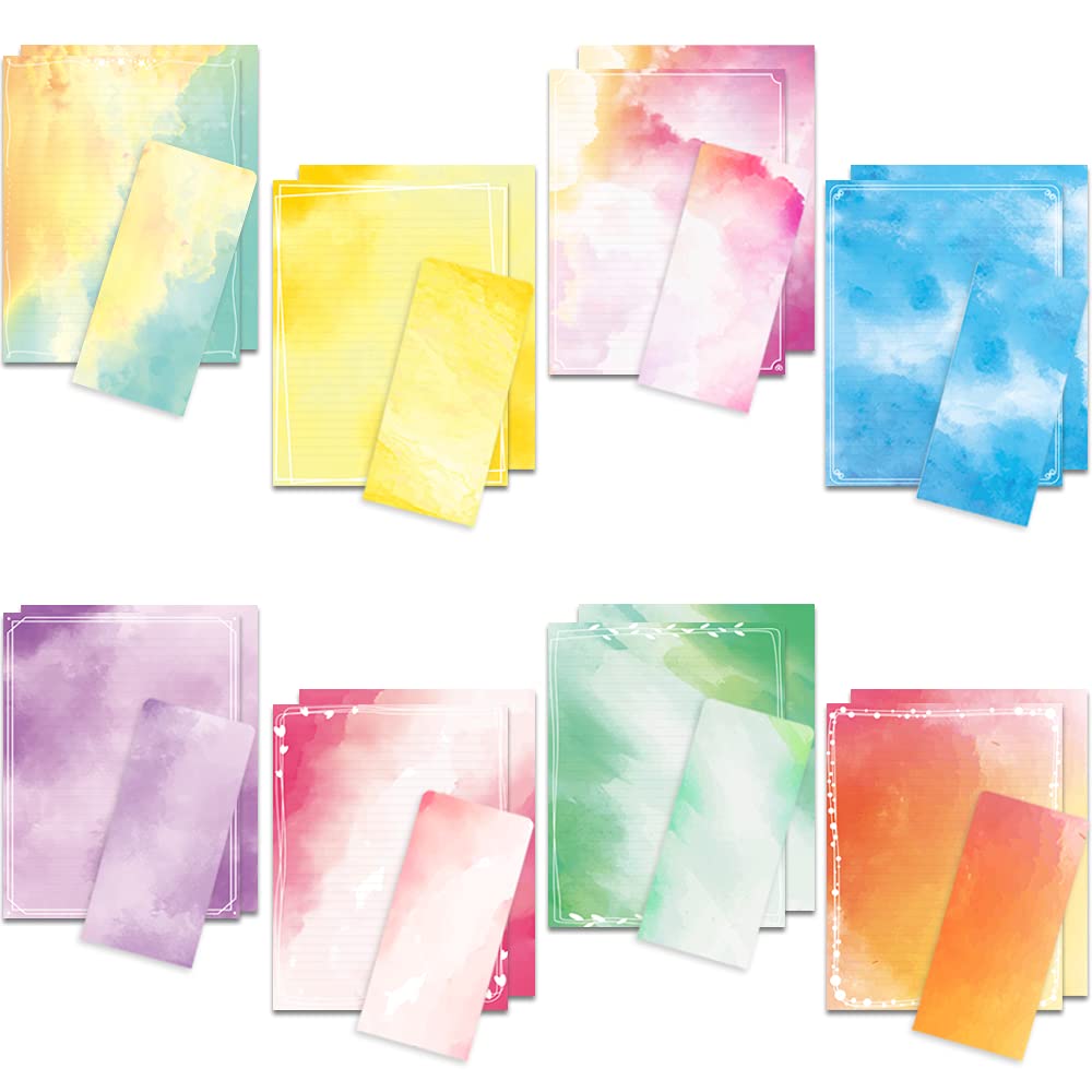 Watercolor Stationery Paper 48 Pieces (Lined) and Self-Sealing Envelope 24 Pc Set, 8.5“ x 11" US Stationary Size, 24lb/100gsm Heavy Weight Letter Writing Paper 8 Bright Color Stationary