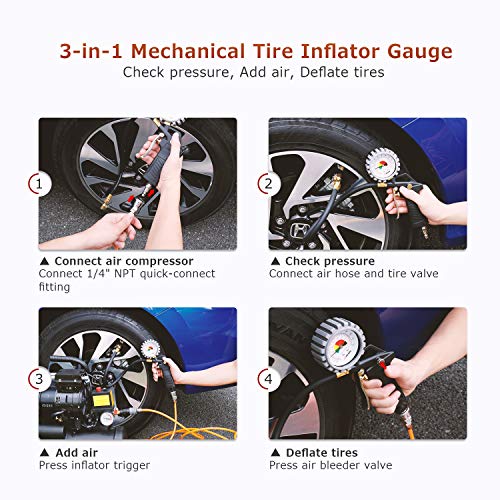Oasser Tire Inflator with Pressure Gauge 170PSI Tire Gauge Inflator Air Compressor Accessories with Brass Air Chuck Quick Connect Coupler - Thumbnail 4