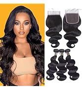 UNEED Body Wave Bundles with Closure (12/14/16+10Inch Closure) 10A 100% Unprocessed Brazilian Vir...