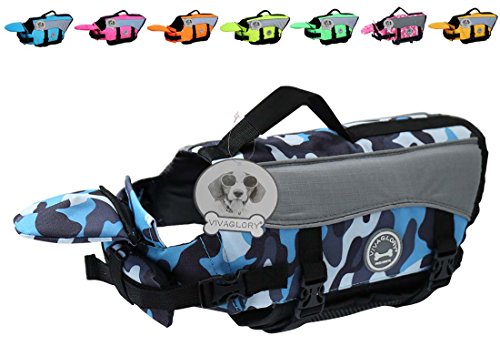 Vivaglory Dog Life Jackets, Pet Life Vest Lifesaver Dog Life Preserver with Extra Padding for Dogs, Camo Blue, M