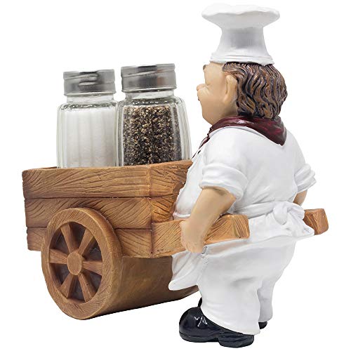 French Chef Pierre Pushing Faux Wooden Cart Salt and Pepper Shaker Set Display Stand Figurine for Decorative Diner Dining Room Table Centerpieces or Kitchen Décor Spice Racks As Wedding Gifts - Thumbnail 3