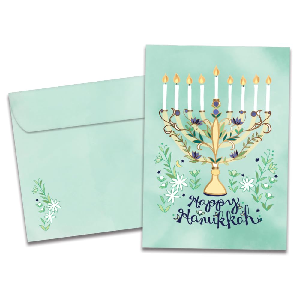 Tree-Free Greetings - Hanukkah Greeting Card - Artful Designs - 10 Cards + Matching Envelopes - Made in USA - 100% Recycled Paper - 5"x7" - Floral Menorah (HB54447)