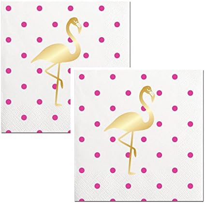 2 Pk - Flamingo Cocktail Napkins - Gold Foil Flamingo with All Over Pink Polkadots