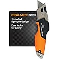 Fiskars Pro Retractable Folding Utility Knife, Box Cutter with Long-Lasting CarbonMax Razor Blade and Dual Lock Safety, Orang