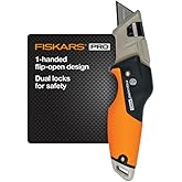 Fiskars Pro Retractable Folding Utility Knife, Box Cutter with Long-Lasting CarbonMax Razor Blade and Dual Lock Safety, Orang