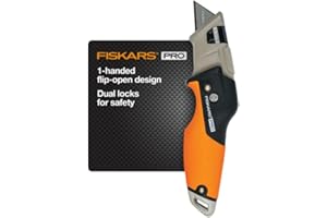 Fiskars Pro Retractable Folding Utility Knife, Box Cutter with Long-Lasting CarbonMax Razor Blade and Dual Lock Safety, Orang