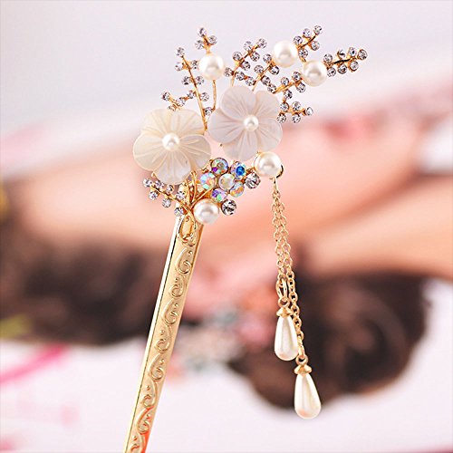 Happy Hours - Crystal Rhinestone Bead Hair Clasp For Women and Teen Girl / Natural Shell Alloy Flower Design Hair Pins Stick With Dangle Tassel Pendant(Style 1) - Thumbnail 4