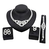 Paxuan Womens Silver Gold Plated Alloy Rhinestone African Jewelry Set Curb Chain Choker Necklace Stud Earrings Link Bracelet Ring Set (Silver)