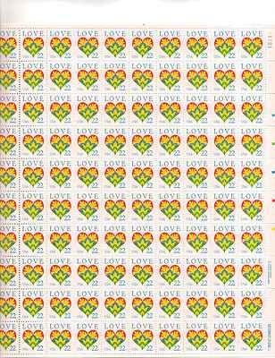 LOVE Heart Sheet of 100 x 22 Cent US Postage Stamps NEW Scot 2248
