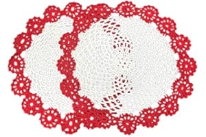 Fennco Styles Handmade Two-Tone Floral Crochet Tray Doilies, 9" Round, 2-Piece - Red Cloth Placemats for Everyday Use, Holidays, Home Décor, Cocktail Party, Tea Party, Special Occasion