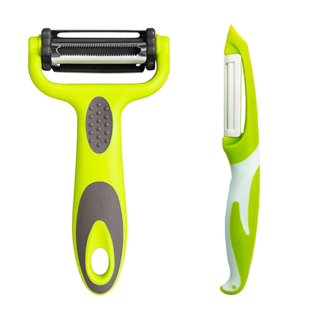 Senvenelec 3-in-1 Peeler (Y Peeler) Wire Pulling. Ideal for Peeling Potatoes, Carrots and Various Vegetables and Fruits. Ceramic Blade, Non-Slip Handle, Green with White. Pack of 2