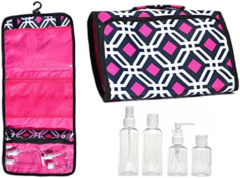 New Large Black Pink Hanging Travel Makeup Toiletries Cosmetic Bag Case Organizer with 4 Pack Travel Size Bottle Set Gift Idea Teen Girls Women Mom (StyleA)